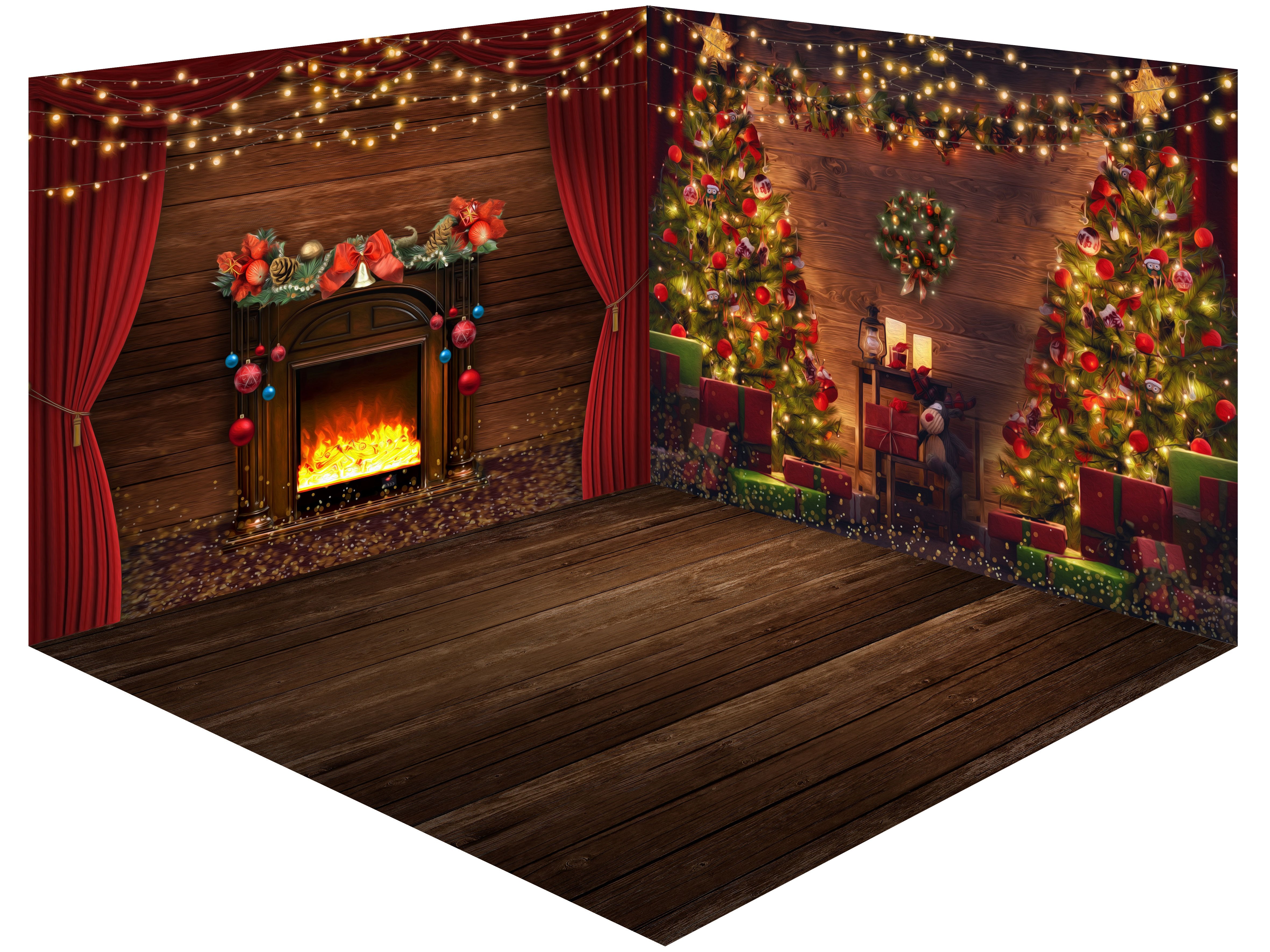 Kate Cheminée Noël Bois Brun Arbres Ensemble de chambre (8pix8pi&10pix8pi&8pix10pi) - Kate Backdrop FR