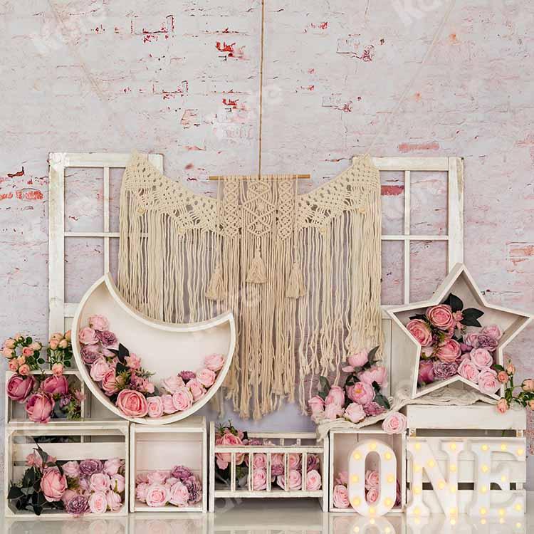 Kate Anniversaire Fleurs Boho Cake Smash Toile de fond Conçu par Emetselch - Kate Backdrop FR