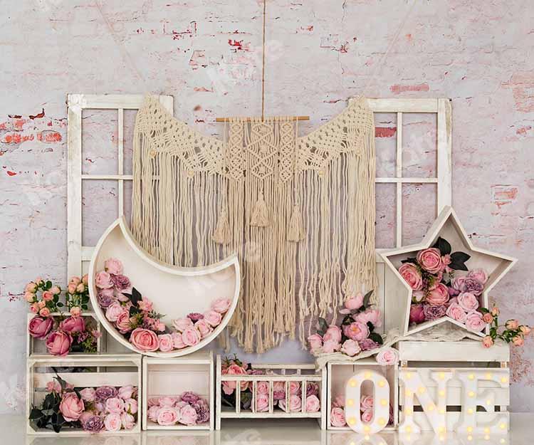 Kate Anniversaire Fleurs Boho Cake Smash Toile de fond Conçu par Emetselch - Kate Backdrop FR