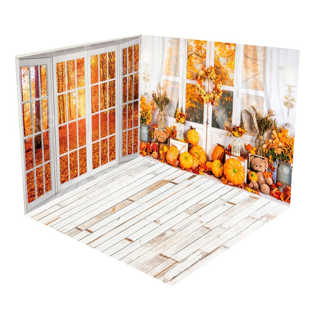 Kate Automne Citrouilles Fenêtre Feuilles Ensemble de chambre (8pix8pi&10pix8pi&8pix10pi) - Kate Backdrop FR