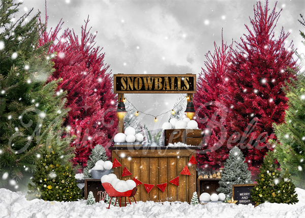 Kate Boules de neige Hiver Arbres Rouge Vert Toile de fond conçue par Mini MakeBelieve - Kate Backdrop FR
