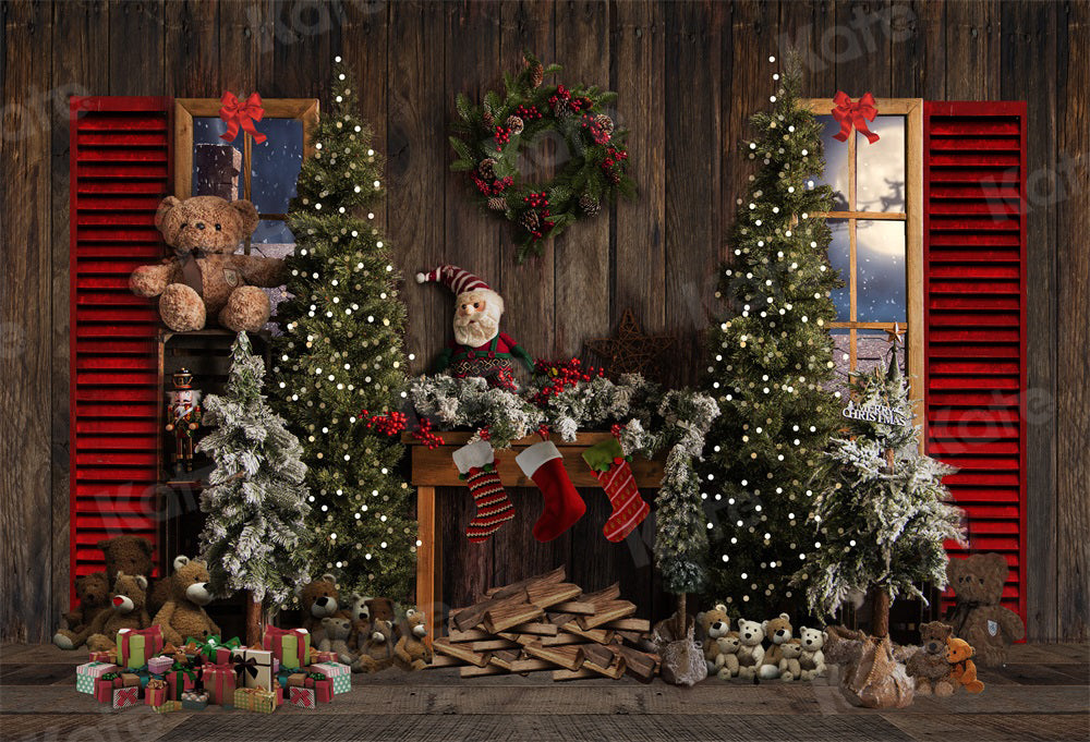 Kate Ours en peluche Cheminée Noël Vintage Toile de fond pour la photographie - Kate Backdrop FR
