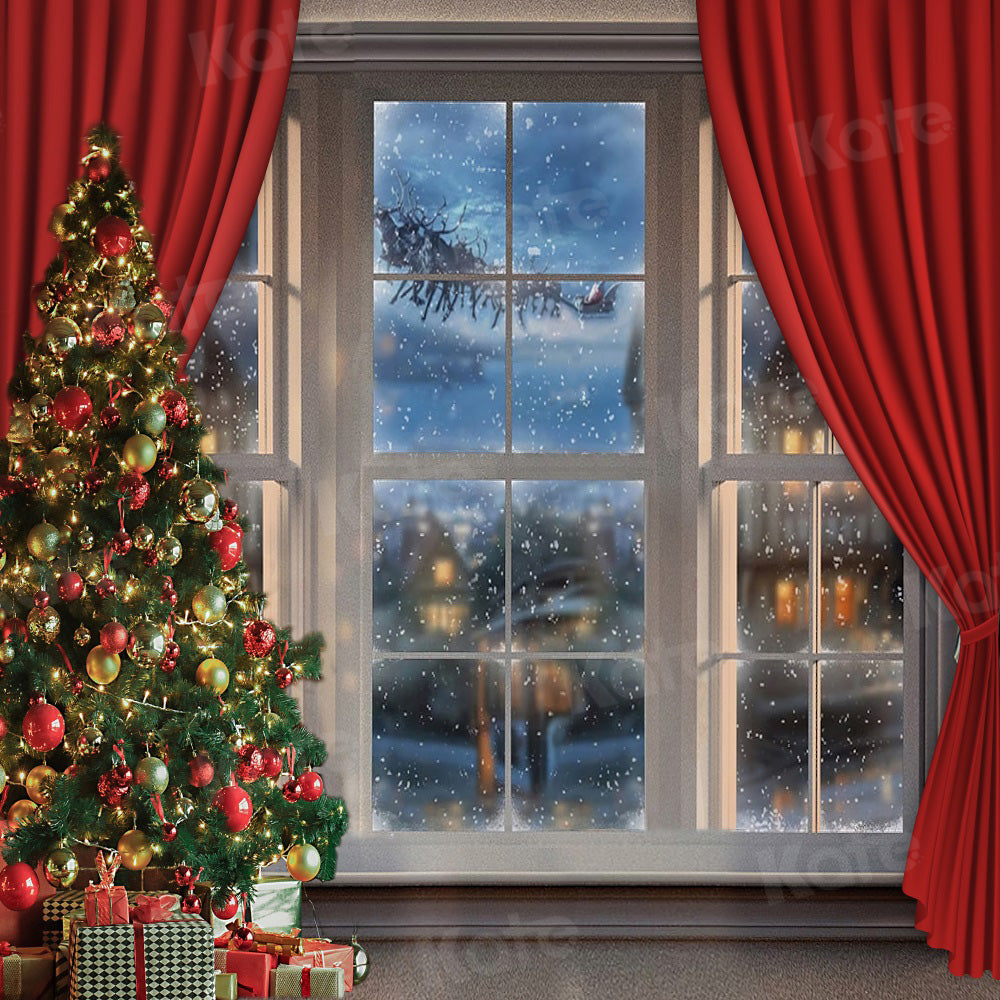 Kate Rideau Rouge Fenêtre Noël Neige Toile de fond pour la photographie - Kate Backdrop FR