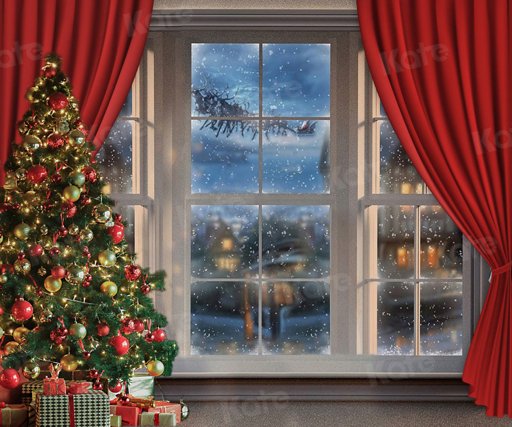 Kate Rideau Rouge Fenêtre Noël Neige Toile de fond pour la photographie
