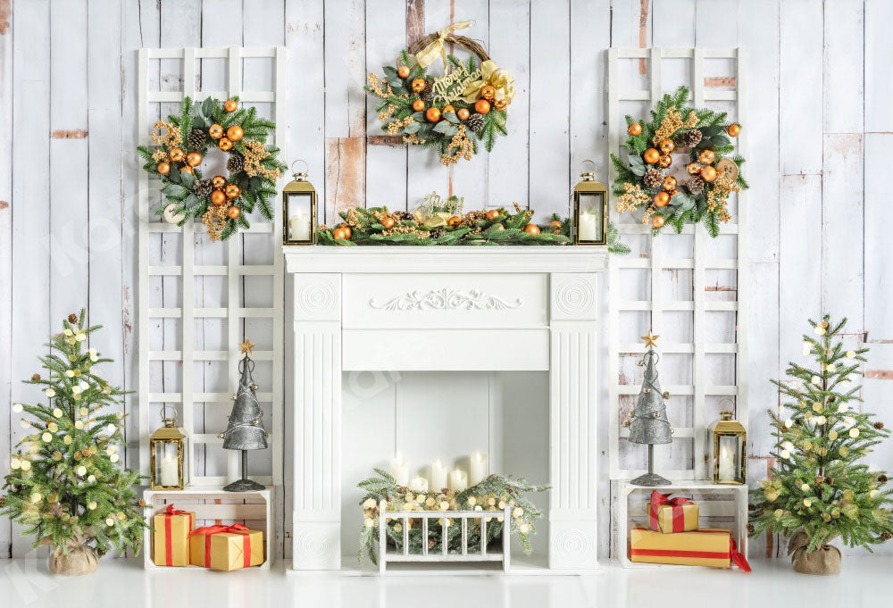 Kate Cheminée Blanc Noël Mur en bois Toile de fond conçue par Emetselch - Kate Backdrop FR