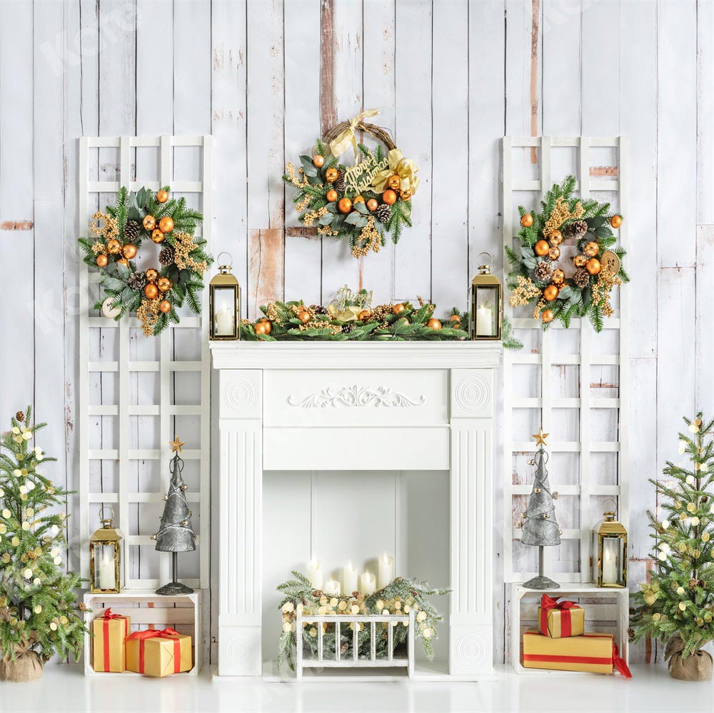 Kate Cheminée Blanc Noël Mur en bois Toile de fond conçue par Emetselch - Kate Backdrop FR