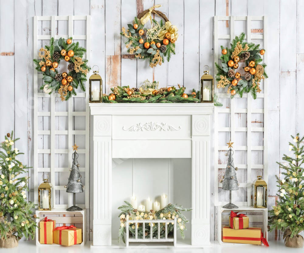 Kate Cheminée Blanc Noël Mur en bois Toile de fond conçue par Emetselch - Kate Backdrop FR