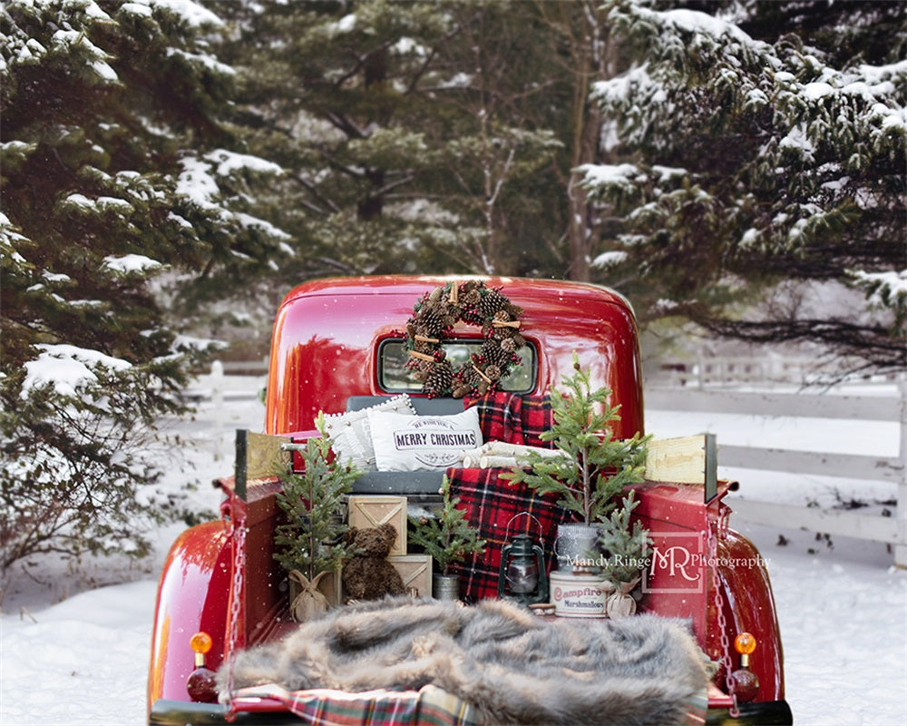 Kate Noël Rouge Camion Neige Hiver Toile de Fond conçue par Mandy Ringe - Kate Backdrop FR