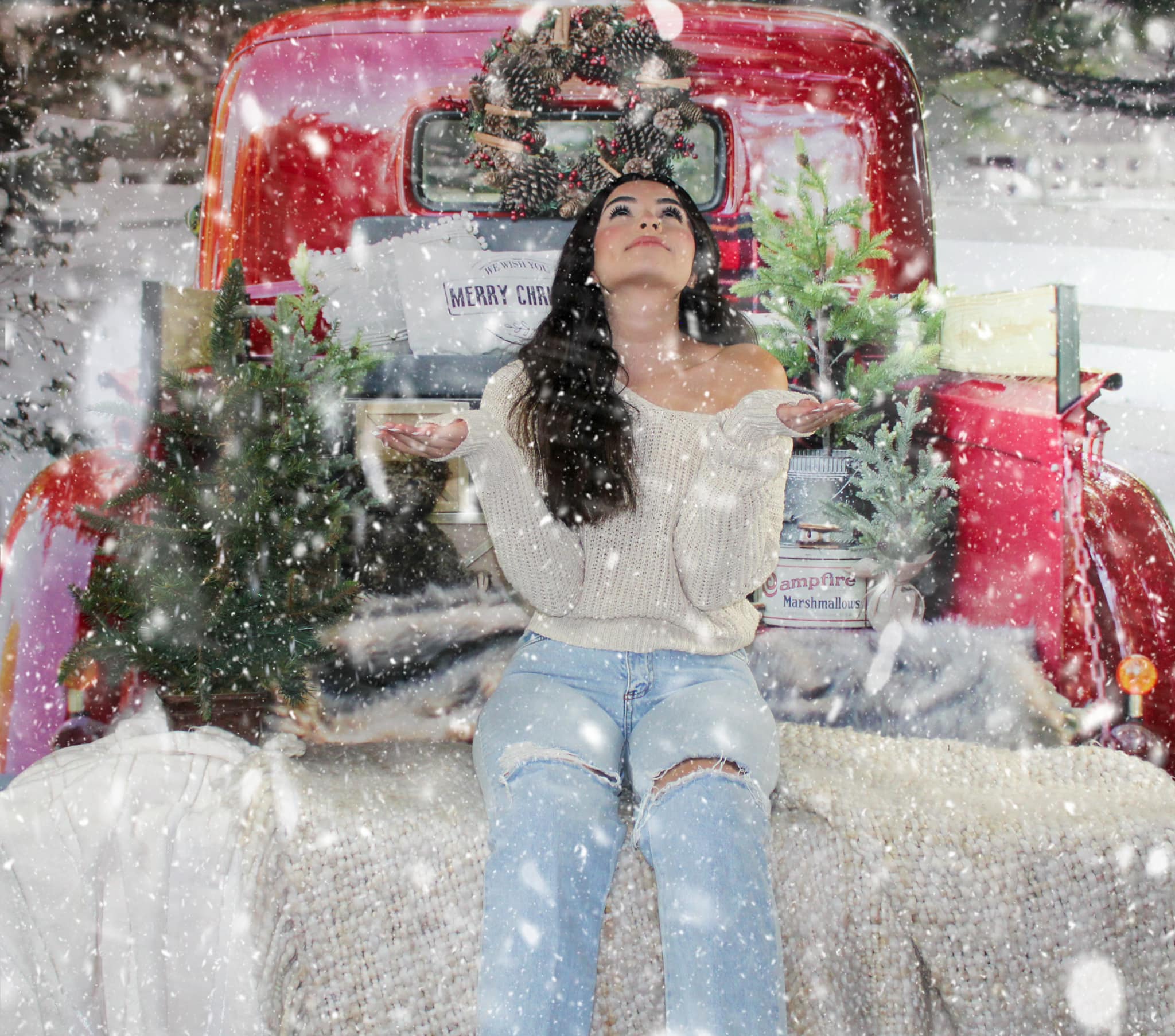 Kate Noël Rouge Camion Neige Hiver Toile de Fond conçue par Mandy Ringe - Kate Backdrop FR