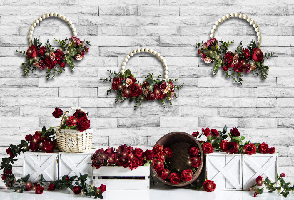Kate Mur Blanc Roses Saint Valentin Toile de fond pour la photographie - Kate Backdrop FR