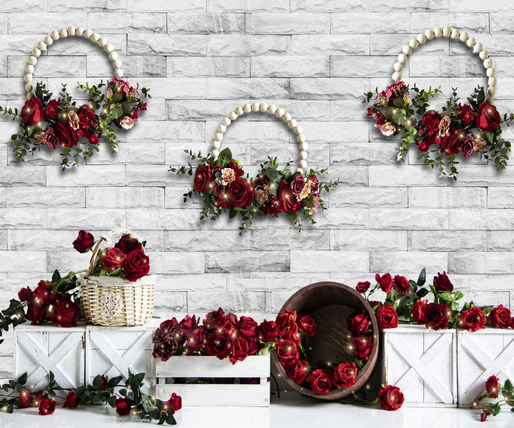 Kate Mur Blanc Roses Saint Valentin Toile de fond pour la photographie - Kate Backdrop FR