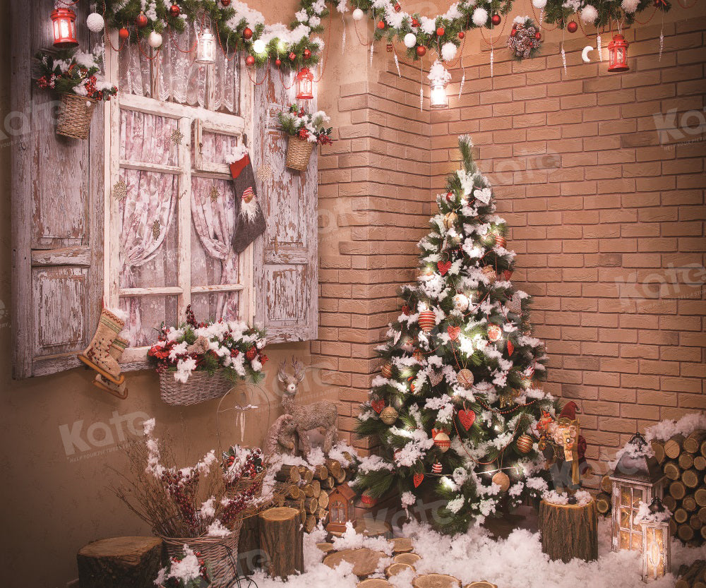 Kate Sapin de Noël Coin Neige Fenêtre Toile de fond pour la photographie - Kate Backdrop FR