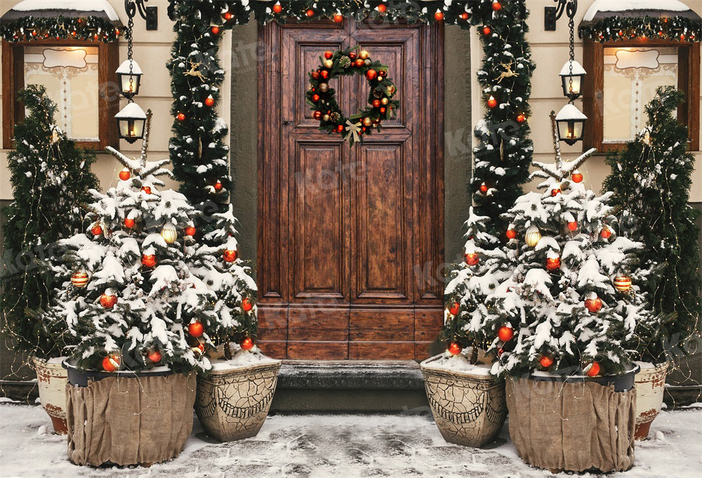 Kate Cour Neige Porte brune Arbre de Noël Toile de fond pour la photographie