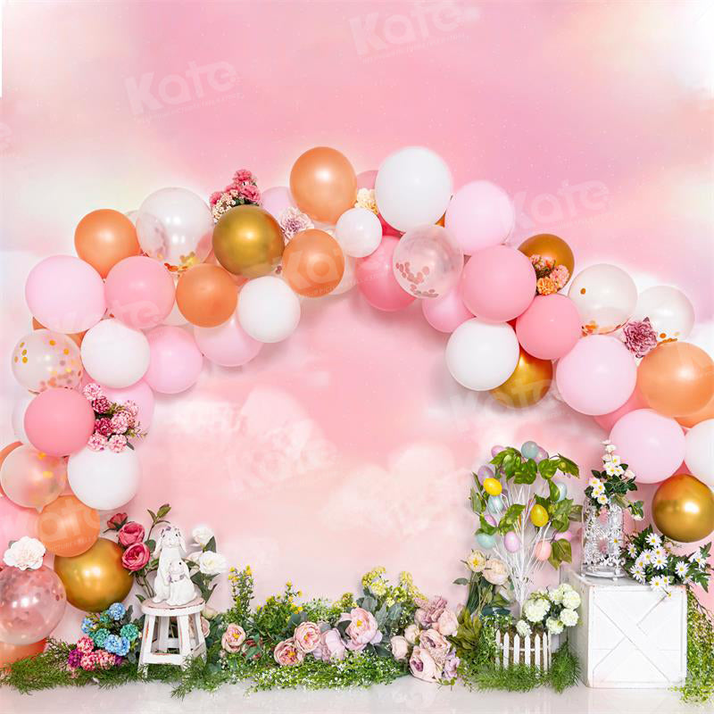 Kate Ballons Pâques Fleurs Rose Lapin Toile de fond pour la photographie - Kate Backdrop FR