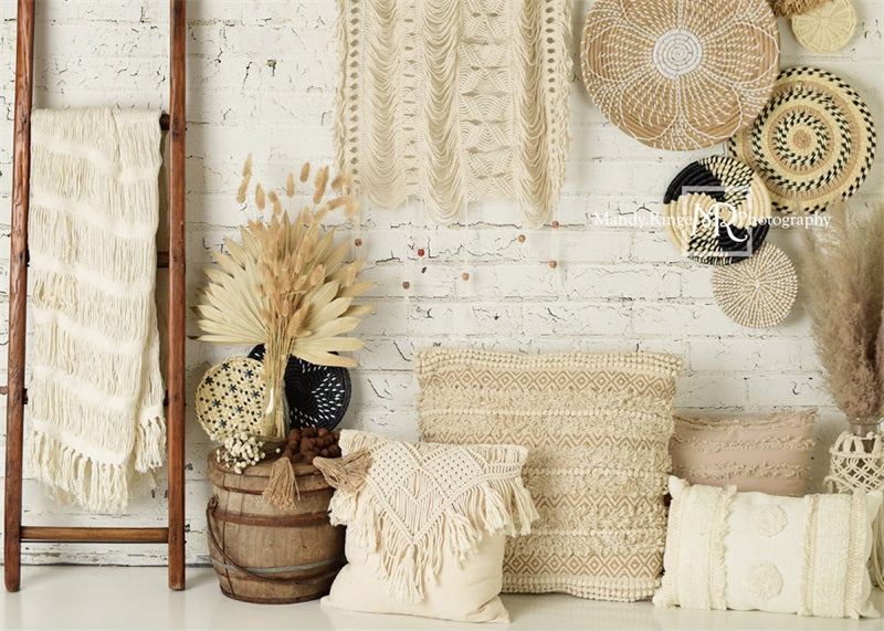 Kate Boho Mur macramé Paniers et échelle Toile de fond conçue par Mandy Ringe Photographie