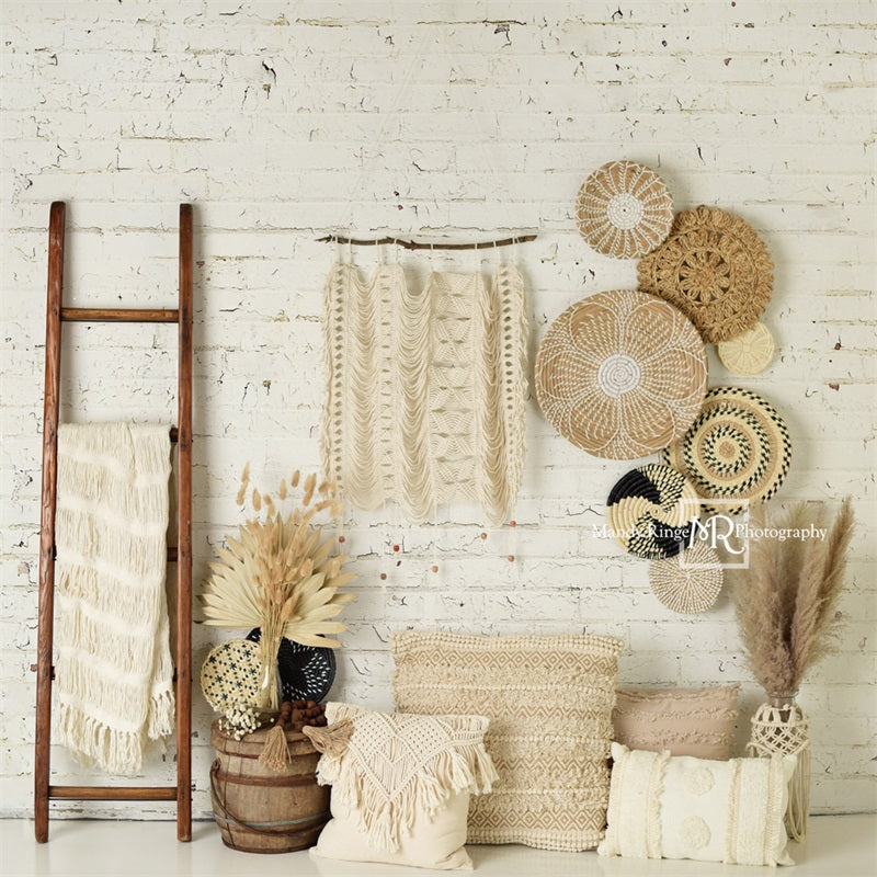 Kate Boho Mur macramé Paniers et échelle Toile de fond conçue par Mandy Ringe Photographie
