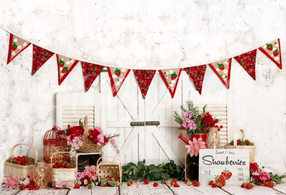 Kate Fraise Été Printemps Rouge Porte Blanc Toile de fond Conçu par Ashley Paul - Kate Backdrop FR
