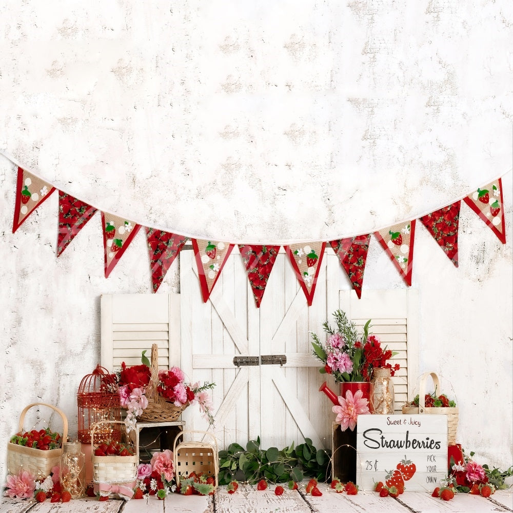 Kate Fraise Été Printemps Rouge Porte Blanc Toile de fond Conçu par Ashley Paul - Kate Backdrop FR