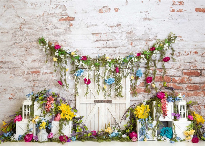 Kate Mur de briques Fleurs Printemps Porte Toile de fond conçue par Megan Leigh - Kate Backdrop FR