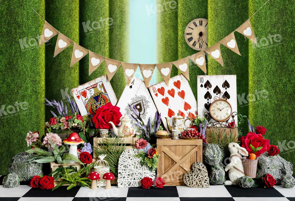 Kate Cartes à jouer Roses Lapins Horloge Toile de fond Conçu par Chain Photographie - Kate Backdrop FR
