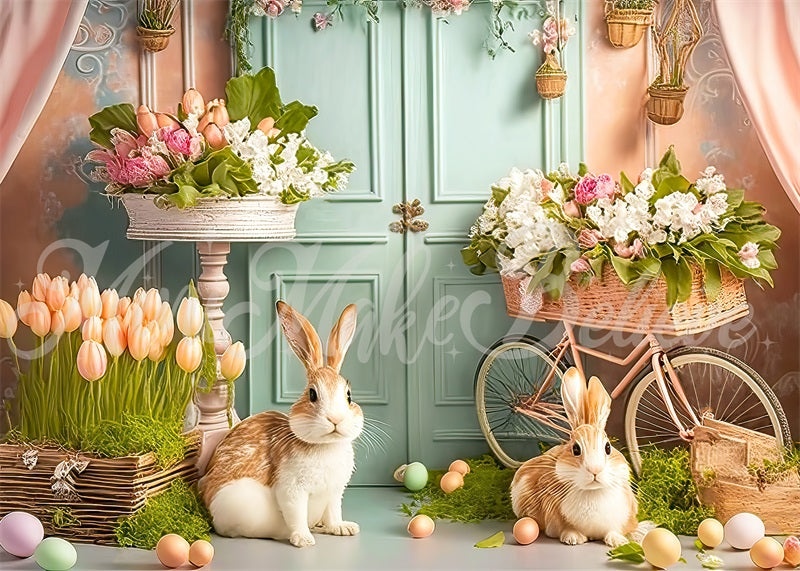 Kate Fleurs Lapin Pâques Porte Vert Toile de fond Conçu par Mini MakeBelieve - Kate Backdrop FR