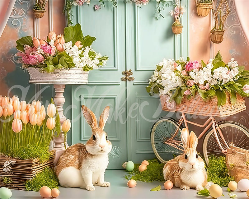 Kate Fleurs Lapin Pâques Porte Vert Toile de fond Conçu par Mini MakeBelieve - Kate Backdrop FR