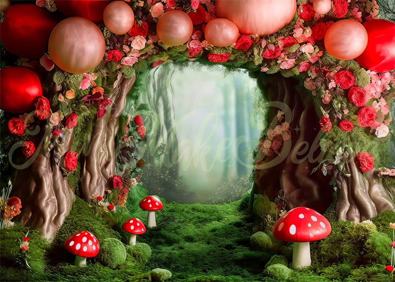 Kate Champignon Forêt Ballons Rouge Toile de fond conçue par Mini MakeBelieve