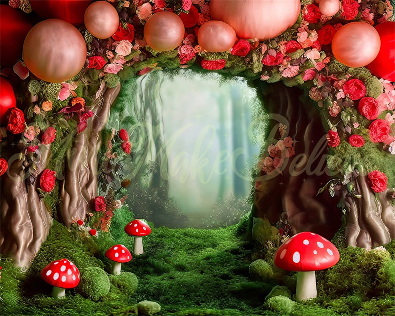 Kate Champignon Forêt Ballons Rouge Toile de fond conçue par Mini MakeBelieve