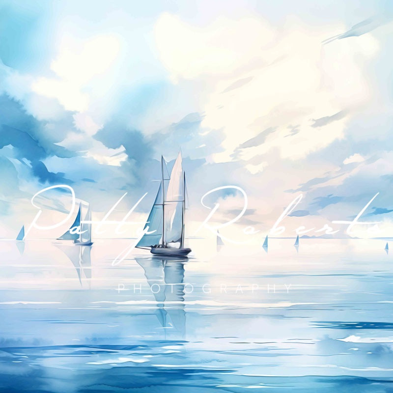 Kate Aquarelle Mer bleue Bateaux Toile de fond conçu par Patty Robert - Kate Backdrop FR