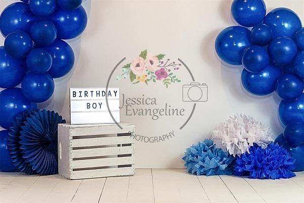 Kate Gâteau d'anniversaire Smash Blue Balloons Boy Toile de fond conçue par Jessica Evangeline Photographie