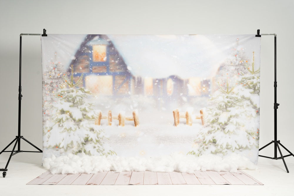 Kate Arbre Maison Neige Noël Hiver Toile de fond pour la photographie
