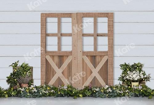 Spring Wood Door with Flowers Backdrop