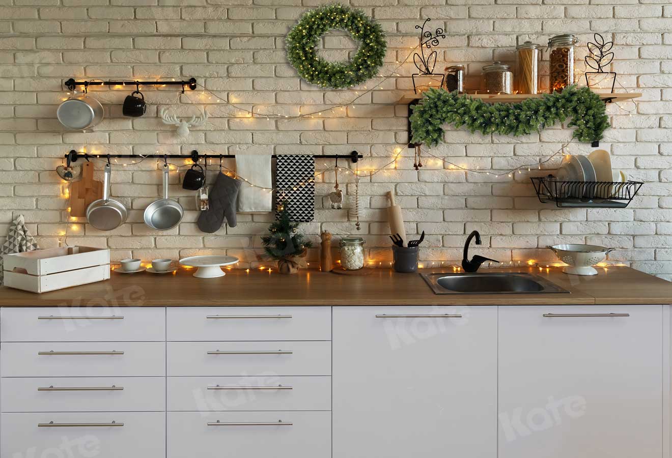 Kate Cuisine Noël Mur de briques Blanc Toile de fond conçue par Jerry_Sina