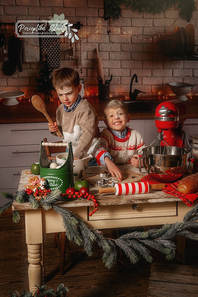 Kate Cuisine Noël Mur de briques Blanc Toile de fond conçue par Jerry_Sina - Kate Backdrop FR