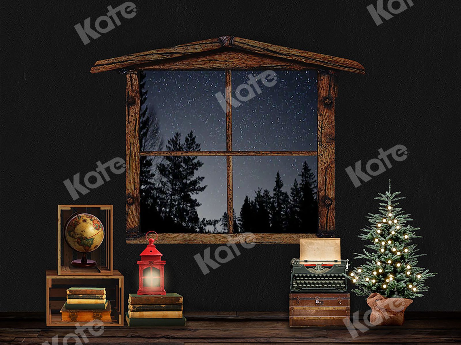 Kate Sapin de Noël Fenêtre Nuit Noir Toile de fond conçu par Jerry_Sina - Kate Backdrop FR
