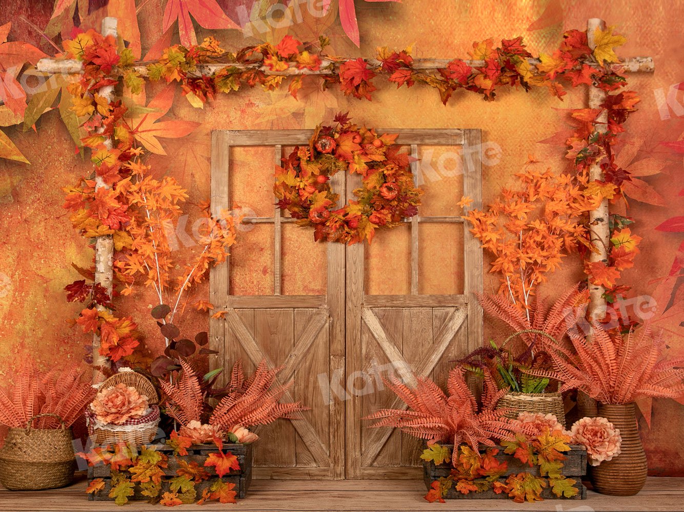 Kate Porte Bois Feuilles d'érable Automne Toile de fond conçue par Jia Chan Photographie - Kate Backdrop FR