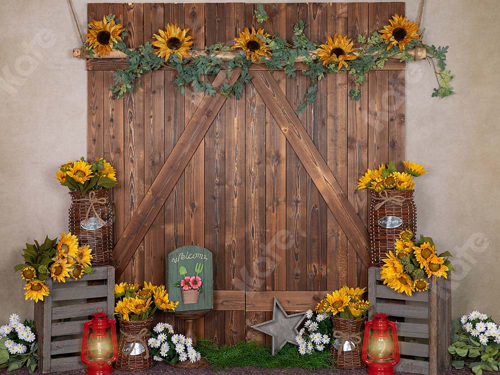 Kate Toile de fond Printemps brun porte en bois fleurs jardin tournesol