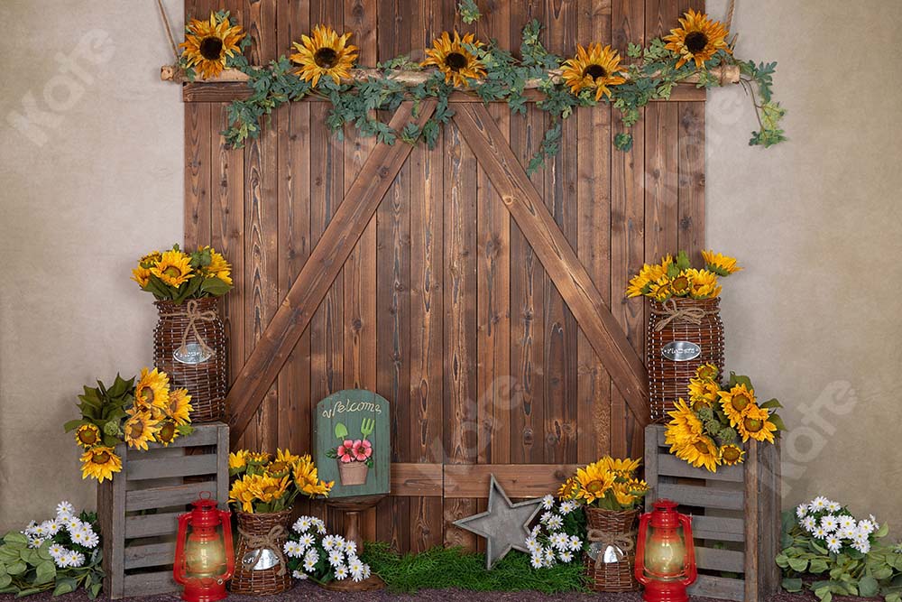 Kate Toile de fond Printemps brun porte en bois fleurs jardin tournesol