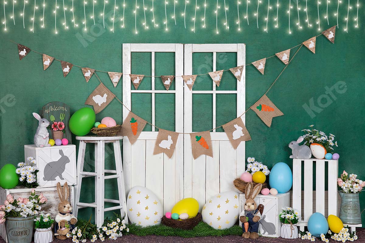Kate Lumière Lapin Oeuf Pâques Porte blanche Vert Toile de fond conçue par Emet Selch - Kate Backdrop FR