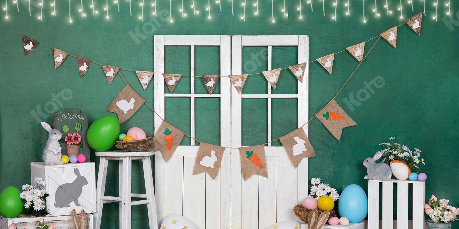 Kate Lumière Lapin Oeuf Pâques Porte blanche Vert Toile de fond conçue par Emet Selch - Kate Backdrop FR