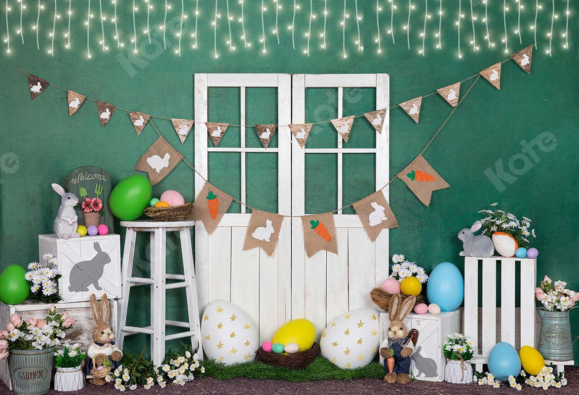 Kate Lumière Lapin Oeuf Pâques Porte blanche Vert Toile de fond conçue par Emet Selch - Kate Backdrop FR