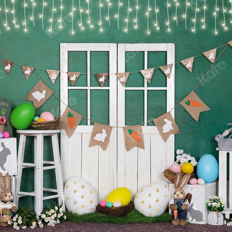Kate Lumière Lapin Oeuf Pâques Porte blanche Vert Toile de fond conçue par Emet Selch - Kate Backdrop FR