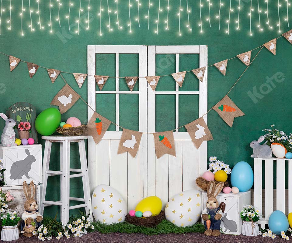 Kate Lumière Lapin Oeuf Pâques Porte blanche Vert Toile de fond conçue par Emet Selch - Kate Backdrop FR