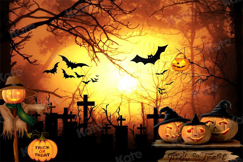 Kate Halloween Cimetière Chauves-souris Citrouille Toile de fond conçue par Chain Photography - Kate Backdrop FR