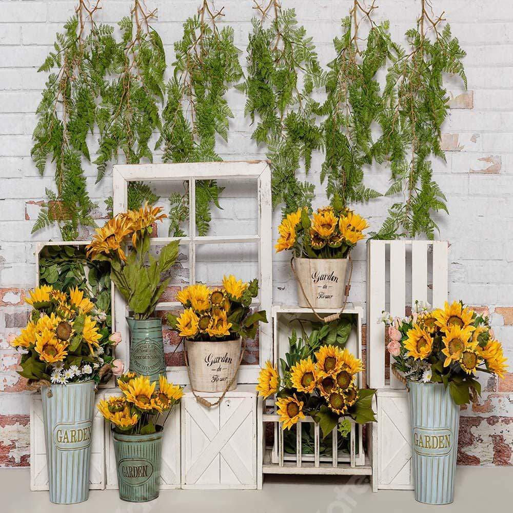 Kate Mur de briques Blanc Tournesols Printemps Toile de fond conçue par Emetselch - Kate Backdrop FR