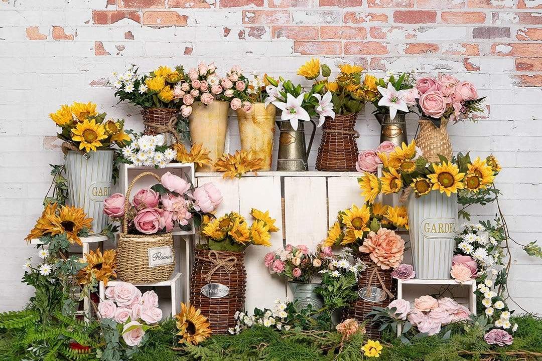 Kate Mur de briques Tournesol Magasin Fleurs Printemps Toile de fond conçue par Emetselch - Kate Backdrop FR