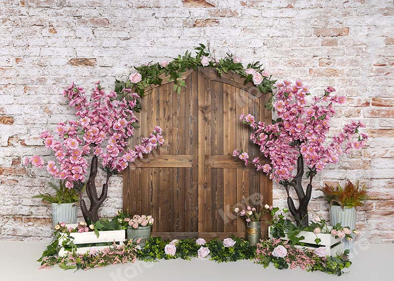 Kate Mur de brique Porte Bois Fleurs Pêche Printemps Toile de fond conçu par Emetselch - Kate Backdrop FR