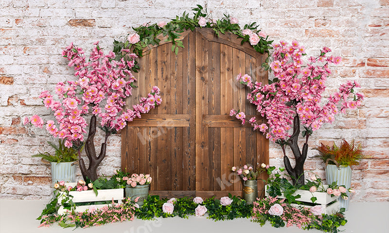 Kate Mur de brique Porte Bois Fleurs Pêche Printemps Toile de fond conçu par Emetselch - Kate Backdrop FR