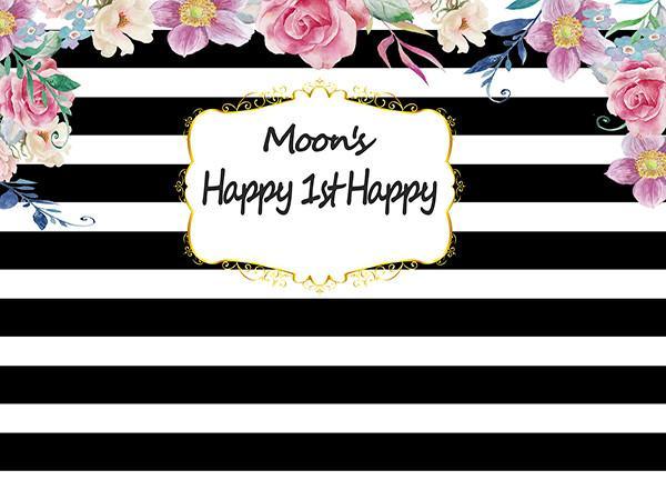 Katebackdrop拢潞Kate Happy Birthday Backdrop Custom Black And White Stripe Party Flower