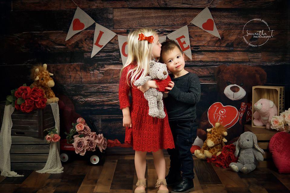 Katebackdrop£ºKate Be my Valentine Wooden Wall And Teddy Bear Love Banner Backdrop